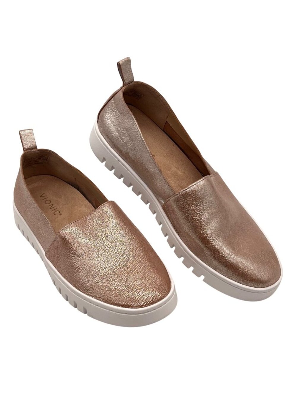 Vionic Uptown A-Line Champagne Leather Slip-On Loafers Womens Shoes Size 8 Wide